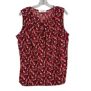 Jones Studio Top Women's 1X Red Black Abstract Keyhole Sleeveless Career Blouse